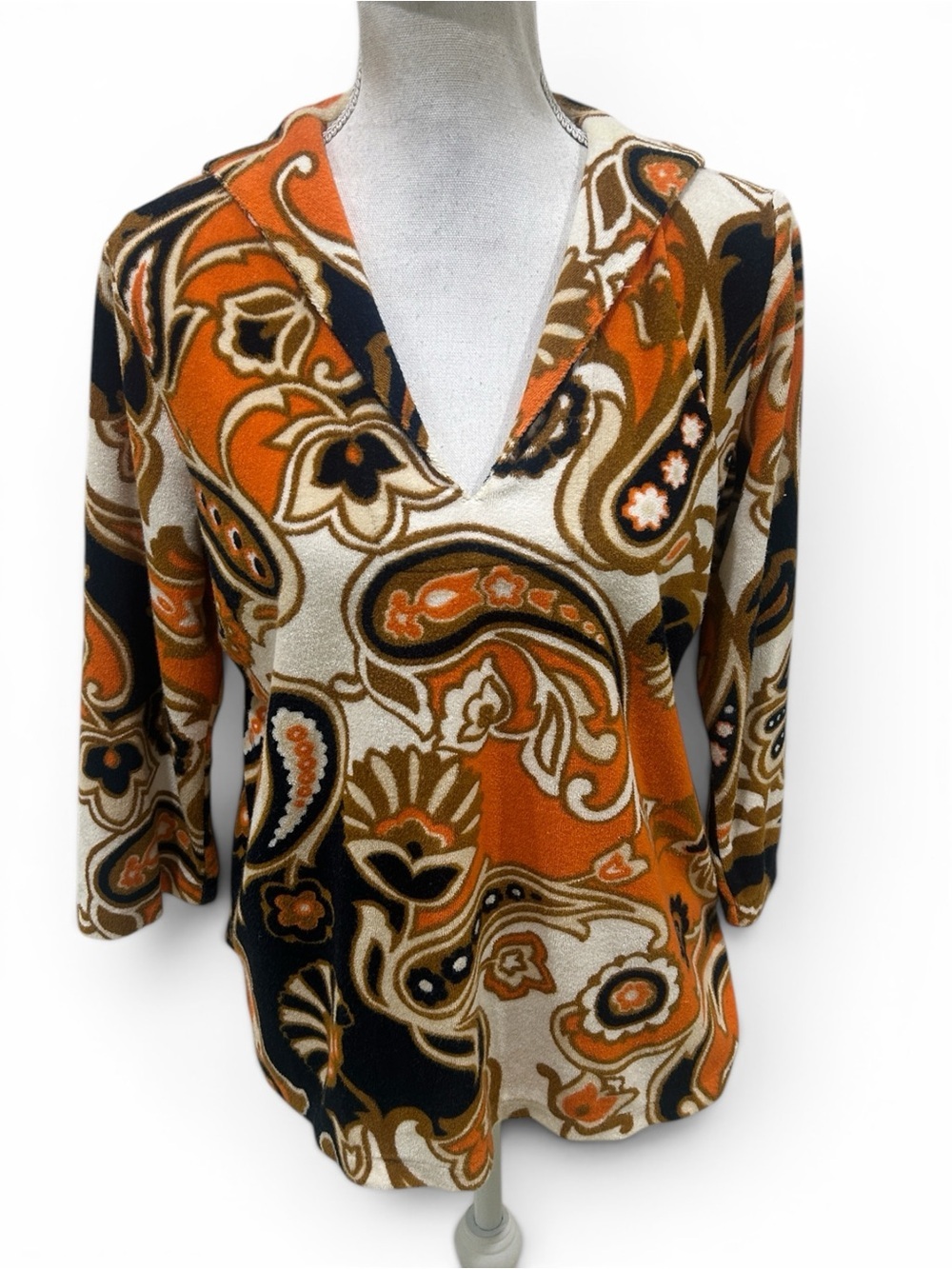 J. Crew retro 70’s vibe orange black Floral paisley Print Top collared sz medium